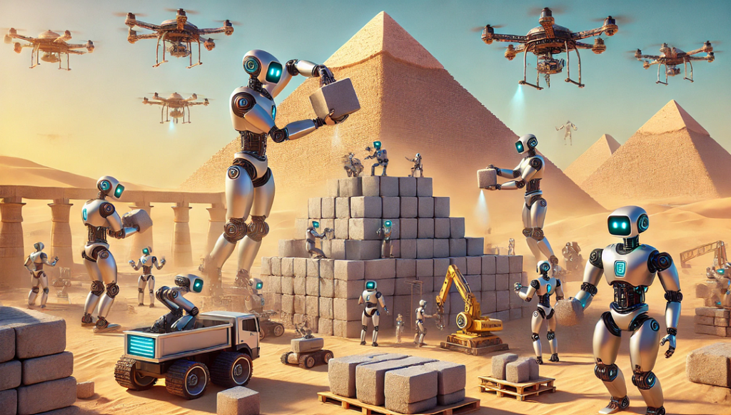 AI-generated image showing agents building a pyramid of knowledge