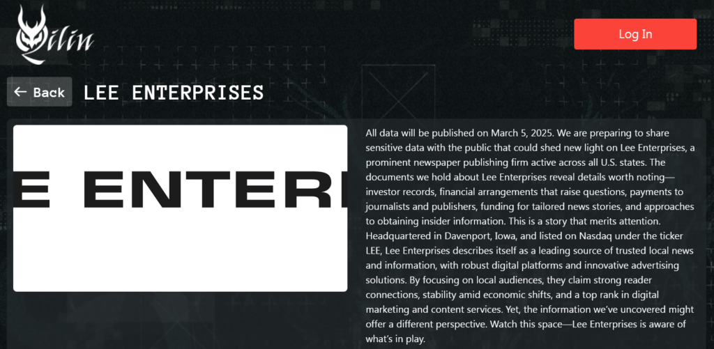 Qilin ransomware gang claimed responsibility for the Lee Enterprises attack