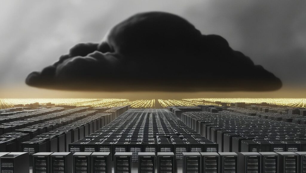 AI-generated concept of cloud computing - a dark cloud over a data center