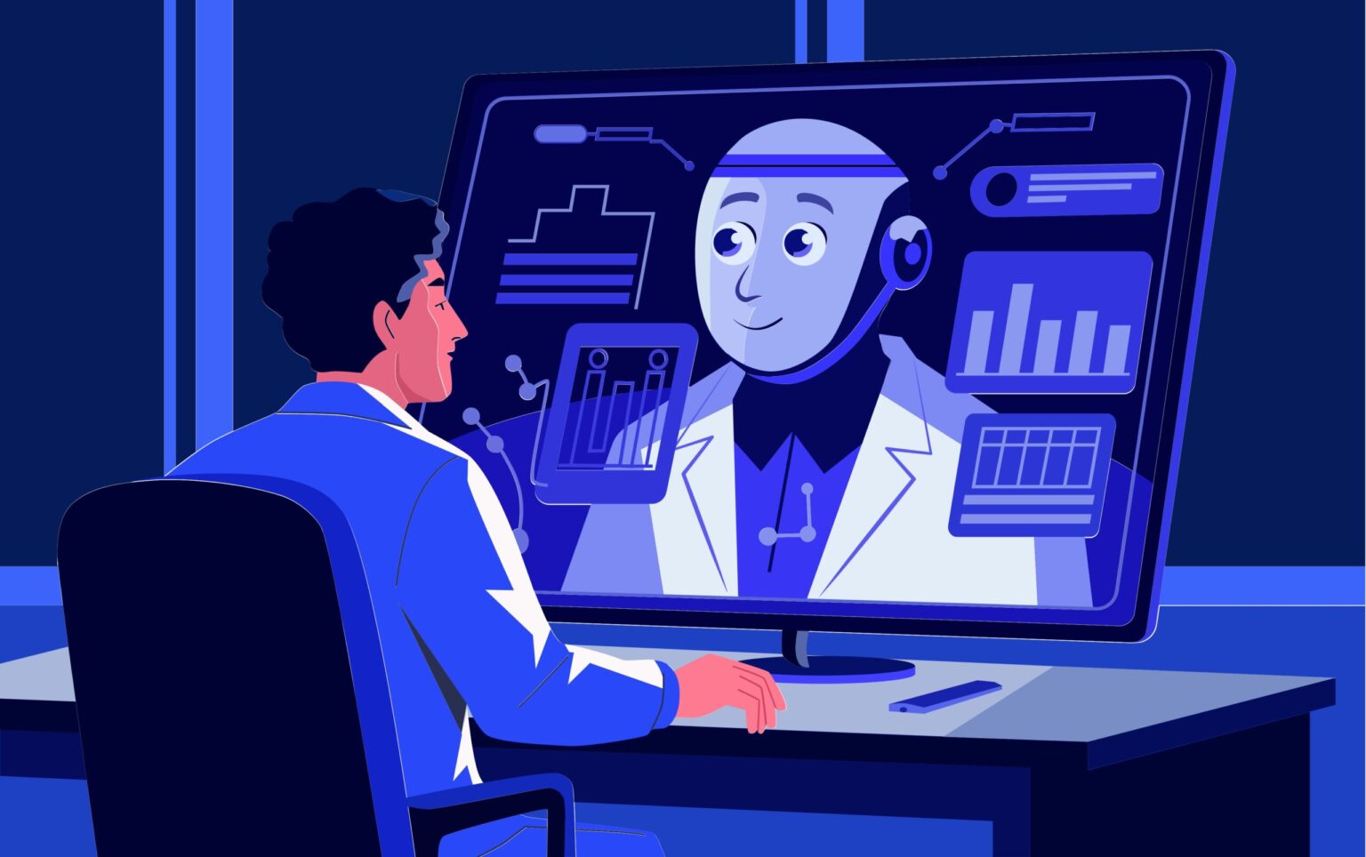 A scientist working with his artificial intelligence assistant in the laboratory