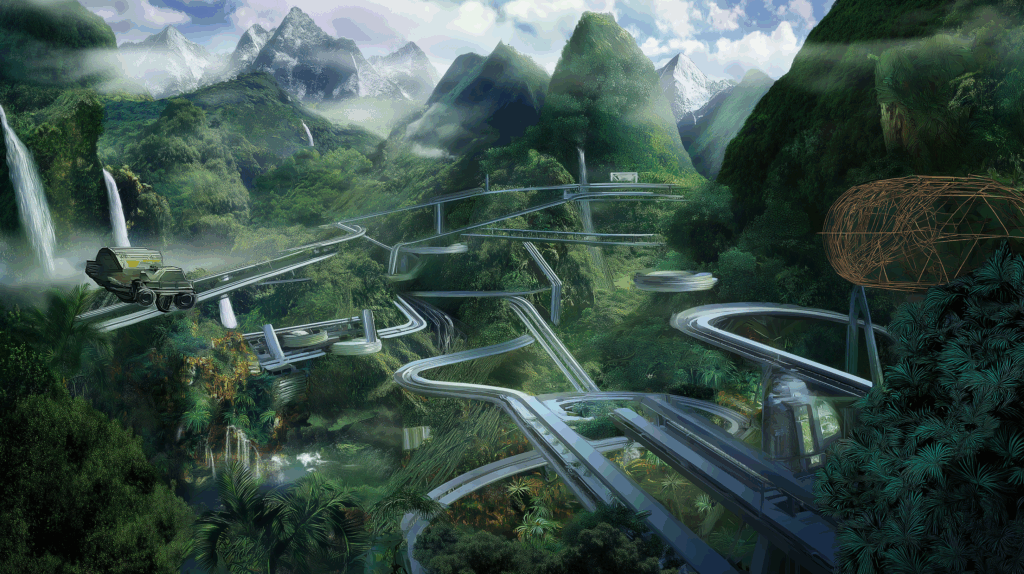 Futuristic jungle landscape with suspended roads