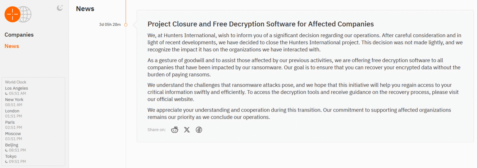 Hunters International ransomware gang shuts down and offers free decryption keys to all victims